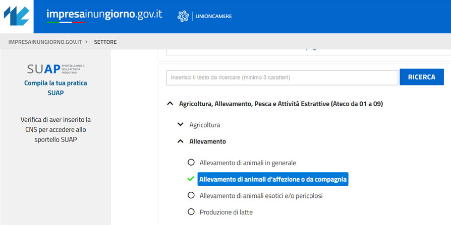 videata pagina SUAP riguardante la richiesta per l'allevamento di animali da compagnia